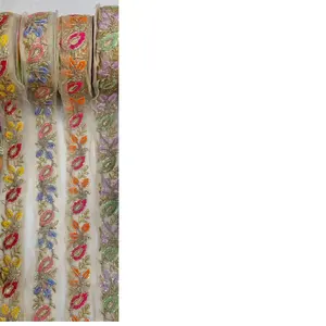 custom made multi colored floral embroidered ribbon with leaf patterns in assorted colors idea for hat makers and designers