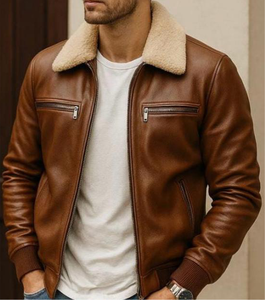 Veste en cuir véritable pour homme, col montant, décontractée, avec logo sur le devant, respirante et chauffante pour l'hiver - Product Image 4