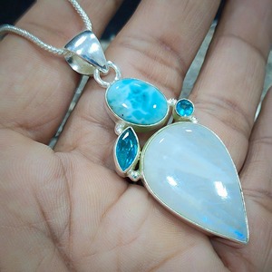<b>Top</b> Quality Natural <b>Rainbow</b> Moonstone Pear Cabochon Solid 925 Sterling Silver Plated Designer Pendant Women's Wholesale Jewelry - Product Image 1