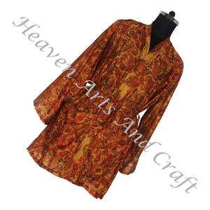 KS007 hermoso Vintage seda Sari Vintage Kimono corto Vintage seda Sari seda hecho a mano mujeres túnicas con bolsillos y cinturón OEM - Product Image 4