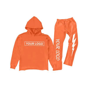 Conjunto de chándal de lana lavado ácido con logotipo personalizado, chándal de algodón 100% para hombre, ropa de calle, pantalones de chándal acampanados y chándal con capucha - Product Image 4