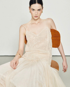Sparkling Sequin Strap Maxi Dress Flowy <b>Chiffon</b> <b>Skirt</b> Elegant Two Piece Look Made in Vietnam - Product Image 3