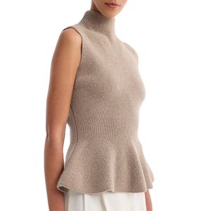 Débardeur décontracté sans manches en maille de laine et cachemire respirant à col montant et volants courts, nouveau design pour femme - Product Image 4