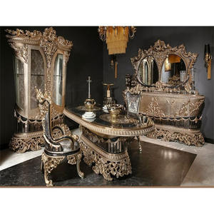 Muebles de Comedor de Madera Estilo Rococó Italiano, Muebles de Comedor Elegantes con Tallado Dorado, Mesa de Comedor de Alta Gama, Estilo Americano - Product Image 1