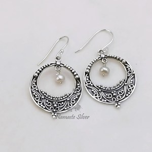 <b>Pearl</b> Chandbali <b>Earrings</b>: 925 Sterling <b>Silver</b> Handmade Crescent Design Jewelry - Product Image 3