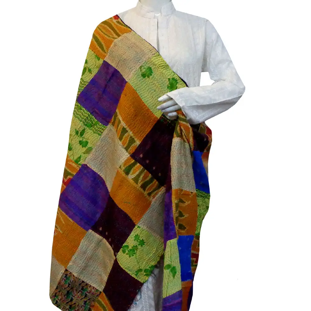 Lấy trộm khăn phụ nữ sang trọng thoải mái tay Crafted Chất lượng cao Cotton kantha thêu Reversible Silk stole để bán