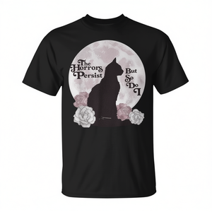 T-shirt floreale per amanti dei gatti con la citazione 'I terori persistono ma io lo faccio anch'io', prodotto promozionale - Product Image 2