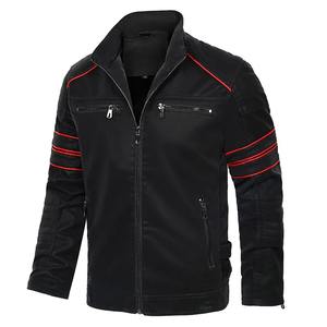 Veste en cuir PU coupe ajustée pour hommes, col en O givré, col montant, tissu en toile, marque de mode moto - Product Image 6