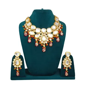 Ensemble de collier vintage en or Kundan avec pendentif rouge, magnifique bijou de mariée et de mariage pour filles, plaqué or - Product Image 1