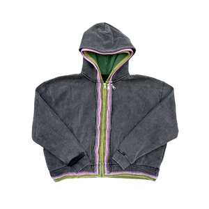 Nouveauté Qualité supérieure Lavage à l'acide personnalisé Sweats à capuche zippés triple couche Coton uni 450 GSM Color Block Winter Wear Sale - Product Image 6