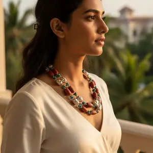 Collar de Plata 925 con Cuentas de Coral y Turquesa para Mujer, Regalo - Product Image 1