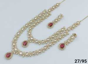 Dos capas redondas Kundan & Stone Indian Fancy tradicional y de moda tono dorado Kundan perla collar largo pendientes conjunto mujeres - Product Image 3