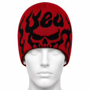 Red Jacquard <b>Knit</b> Beanie With Skull <b>Pattern</b> Unisex Winter Hat Punk Style Adult Size 56-58CM - Product Image 1