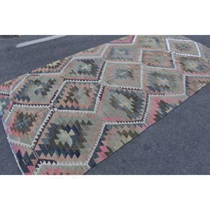 Alfombra Kilim turca Vintage 4,9 X 9.4ft Diseño de retazos verde rosa Clásico Hecho a mano Lana Poliéster Forma rectangular Látex vivo - Product Image 2
