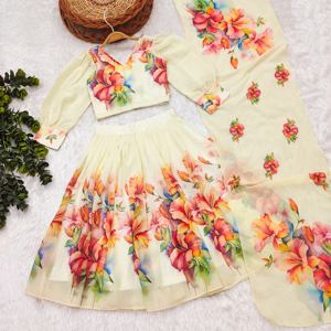 Shoryam Fashion Lehenga Choli de luxe entièrement cousu à imprimé floral aquarelle pour enfants, demoiselles d'honneur, tenue de fête et de cérémonie, style ethnique - Product Image 1