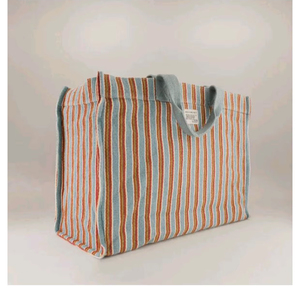 Sac fourre-tout à rayures tissé à la main avec texture multi-rayures tissée à la main, coton tissé à la main, bleu, orange, crème, sac quotidien écologique - Product Image 1