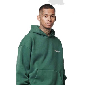 Sudadera con capucha de lana verde oscuro para hombre con estampado de pecho mínimo estilo de calle Sudadera con capucha informal de invierno para hombre - Product Image 2