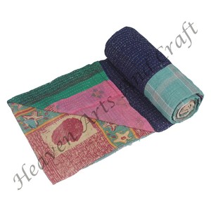 Couvre-lit indien vintage, couverture de lit, édredon Kantha, 100% coton, réversible, cousu à la main, couverture lourde, ancien sari - Product Image 5