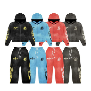 Wholesale Heavyweight Distressed Tracksuit Unisex <b>Embroidery</b> Patch Pullover Acid Washed Oversize Men Suit Streetwear Casual <b>Set</b> - Product Image 3