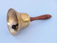 Cloche à main antique moderne religieuse nautique en laiton doré électroplaqué, 11 pouces, avec manche en bois, objet d'art européen de collection pour l'extérieur