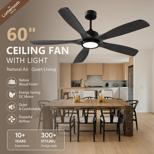 60 Inch Black <b>Ceiling</b> Fan with <b>Light</b>, Flush Mount, 5 Solid Wood Blades, APP Control, Remote Control for Bedroom - Product Image 1