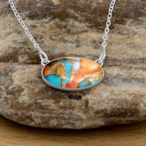 Nouveauté Collier pendentif en turquoise cuivre naturel d'huître épineuse, argent sterling 925, ovale 8x16mm, bijoux délicats et minimalistes - Product Image 4