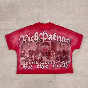 Wholesale Premium Quality Crop Vintage Sun Faded Washed Distressed <b>Applique</b> Embroidery Rhinestones Oversized Boxy Fit TShirt Men - Product Image 1