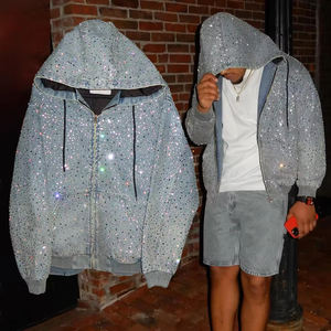 Veste d'hiver personnalisée 100 % coton avec strass pour homme, style streetwear, coupe oversize et ample, avec appliques brodées et fermeture éclair en jean - Product Image 1