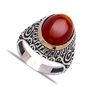 Gema de ágata de forma ovalada auténtica, diseño otomano, turco, joyería de plata de ley 925 hecha a mano - Product Image 1