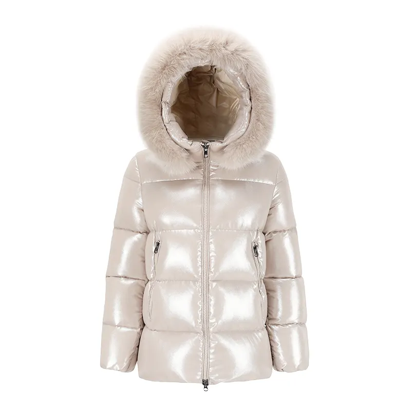 2022新しいカスタムピンクフグマンチラディショートコート女性のためのスマートな毛皮のフードジャケット