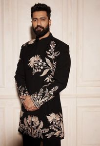 DAZZLING--GOLDEN EMBROIDERY on GROOM <b>BLACK</b> SHERWANI and <b>PANT</b> WITH EMBELLISHED CRYSTAL GLASS BEADS,DABKA <b>WORK</b> for WEDDING=2024 - Product Image 2