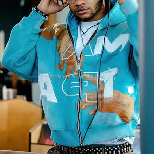 เสื้อฮู้ดดี้ผู้ชายคุณภาพสูง สไตล์ฮิปฮอป สีชมพู แต่งลายปะปักแบบดิสเทรส ผ้าเทอร์รี่แบบแอซิด - Product Image 3