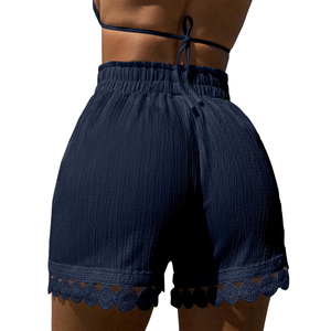 Shorts de Verano para Mujer, Cintura Alta, Algodón Texturizado, con Cordón Ajustable, Estilo Casual, para Playa, con Ribete de Encaje Festoneado, Corte Holgado, Ligeros - Product Image 2