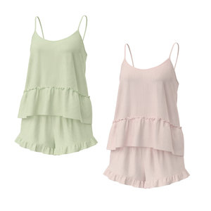 Women Fashion Elastic Waist Ribbed Knit Ruffle Hem Camisole <b>Shorts</b> <b>Pajama</b> Set Sleepwear Soft Summer Lounge Wear <b>Satin</b> Wholesale - Product Image 1