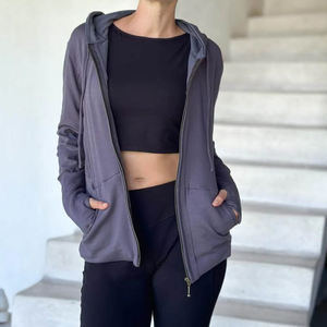 Sudadera con capucha personalizada con cremallera lavada a la piedra de forro polar de algodón 100% para mujer, ropa deportiva informal transpirable de secado rápido - Product Image 5