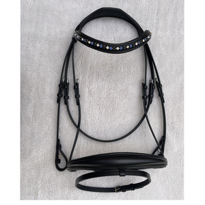 Luxury Black Leather Horse Bridle with Royal Blue Crystal Bling Browband Padded Comfort Noseband - Product Image 1