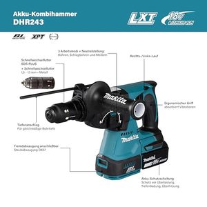 Marteau perforateur rotatif SDS DHR243Z 18 volts, qualité industrielle et bricolage, 24 mm, unité nue avec alimentation électrique - Product Image 5