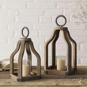 Bougeoir en bois au design antique avec poignée en métal au design extrême, lot de 2 avec des matériaux de très grande qualité à bas prix - Product Image 1