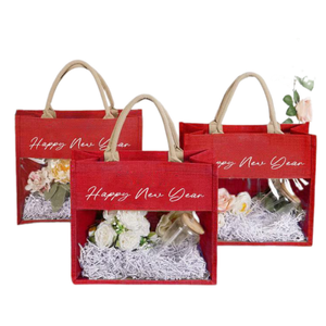 Venta al por mayor baratos de arpillera natural de lino yute bolsa de asas de yute bolsas de arpillera con ventana de película transparente hecho en Vietnam - Product Image 4