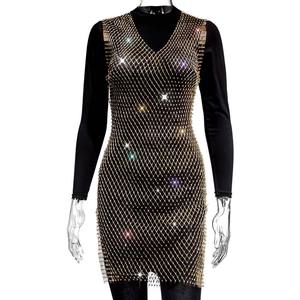 レディースドレス黒フィッシュネットドレスVネックラインストーンビキニブリンブリンダイヤモンドメッシュパーティードレス女性用ドレス - Product Image 3