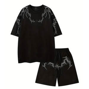 Conjunto de pantalones cortos de lavado ácido de algodón 100% ecológico sólido a la moda para hombre, ropa informal de verano, diseño de dos piezas, tu propio estilo callejero - Product Image 1