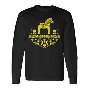 Camiseta Tradicional Sueca Dala Horse de Manga Larga, Diseño Amarillo, Unisex para Adultos, Cuello Redondo, Impresión Serigráfica, Promocional - Product Image 1