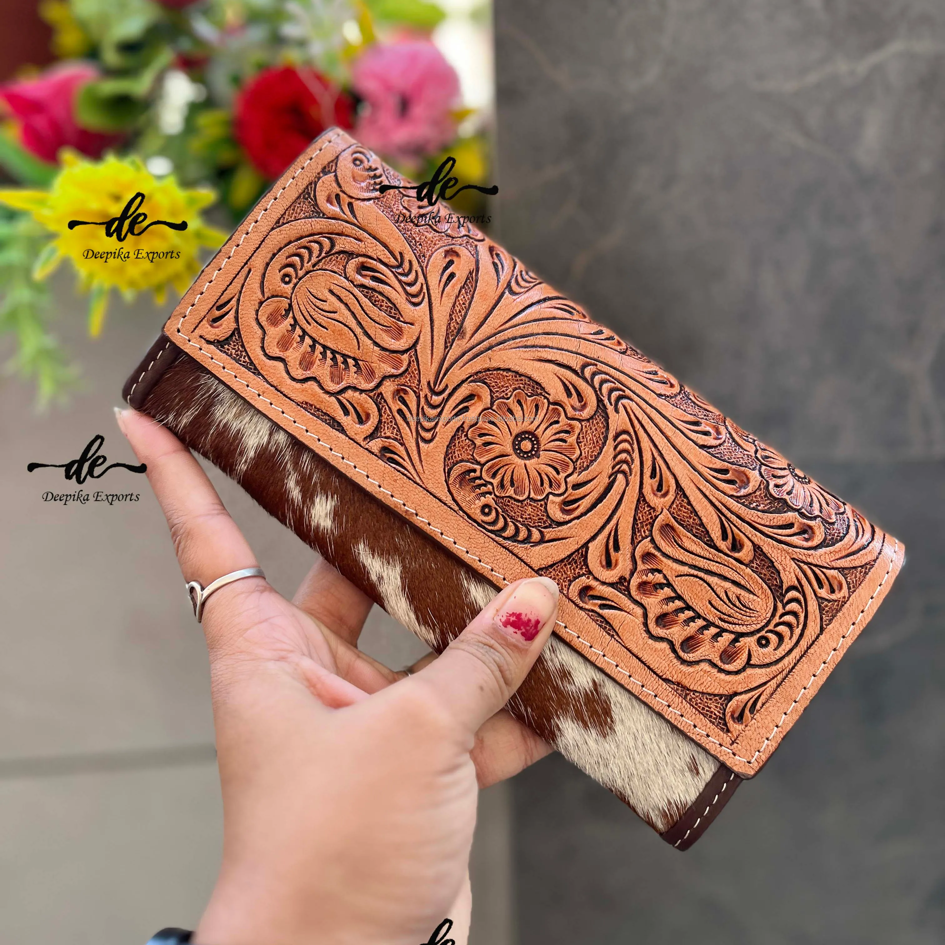 Women Clutch Real Cowhide Fur Leather Wallet Hand Tooled Leather Purse Carving Leather Vintage Clutch