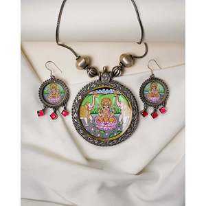 925 <b>Silver</b> <b>Necklace</b> <b>Set</b> with Handpainted Laxmi Maa Hasthkala Design Fine Jewelry - Product Image 1