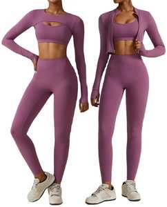 Conjuntos de Yoga para Mujer, Nailon y Elastano, Transpirables, Ligeros, Sólidos, Ropa Deportiva para Gimnasio, Conjunto Deportivo de 3 Piezas con Manga Larga - Product Image 1