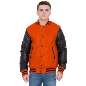 100% cuerpo de lana de Cachemira y mangas de cuero de vaca genuino naranja y negro Letterman CollegeBaseballjacket para hombres - Product Image 5