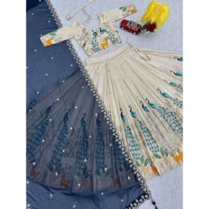 Peacock Print <b>Tissue</b> Silk Lehenga Blouse Choli Drawstring Heavy Tassels Stitched With Canvas and Can Can Georgette Dupatta - Product Image 4