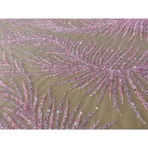 Blush Pink Luxury Fabric 100% Polyester Woven Organza Sheer Feature Beaded Palm Leaf Design Lightweight 70GSM In-stock Plain - Product Image 3