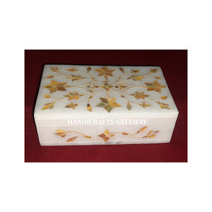 Lujoso hecho a mano último mármol blanco incrustaciones oro madre de perla flor diseño joyero para decoración de boda y regalo - Product Image 1