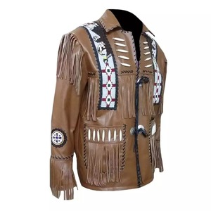 Top High Quality Best Selling Men Western Style <b>Fringed</b> & <b>Beaded</b> Black Color Tassels Cowboy Leather Jacket - Product Image 5